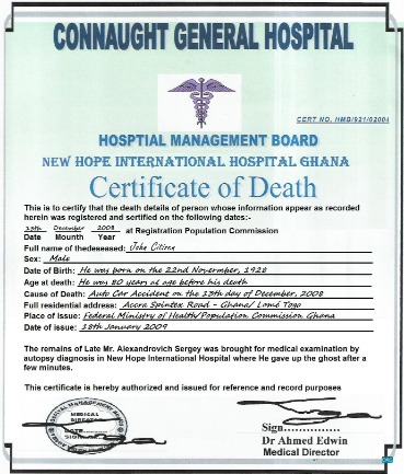 Download Ghana Connaught general hospital death certificate Photoshop template